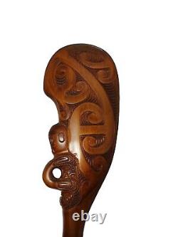 New Zealand Maori War Club Carved Wood Paua Shell Accents Vintage
