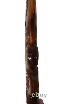 New Zealand Maori War Club Carved Wood Paua Shell Accents Vintage