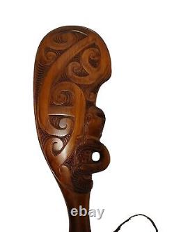 New Zealand Maori War Club Carved Wood Paua Shell Accents Vintage Art Native