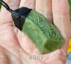 Nz Greenstone Pounamu Nephrite Flower Jade Engraved Bound Curved Maori Hei Toki