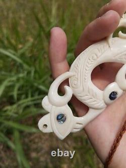 Old Maori Huge Pendant Hei Matau Hand Carved Bone Abalone New Zealand