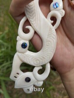 Old Maori Huge Pendant Hei Matau Hand Carved Bone Abalone New Zealand