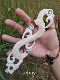 Old Maori Super Huge Pendant Hei Matau Hand Carved Bone Abalone New Zealand