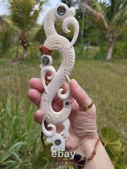 Old Maori Super Huge Pendant Hei Matau Hand Carved Bone Abalone New Zealand