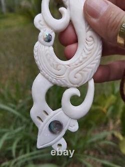 Old Maori Super Huge Pendant Hei Matau Hand Carved Bone Abalone New Zealand