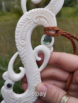 Old Maori Super Huge Pendant Hei Matau Hand Carved Bone Abalone New Zealand