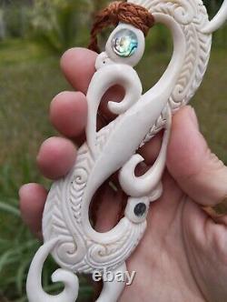 Old Maori Super Huge Pendant Hei Matau Hand Carved Bone Abalone New Zealand