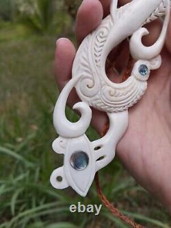Old Maori Super Huge Pendant Hei Matau Hand Carved Bone Abalone New Zealand