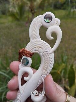 Old Maori Super Huge Pendant Hei Matau Hand Carved Bone Abalone New Zealand