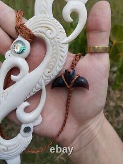 Old Maori Super Huge Pendant Hei Matau Hand Carved Bone Abalone New Zealand