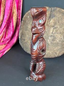 Old New Zealand Carved Wooden Tiki with Paua Shell Eyes. Beautiful collection an