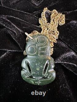 Old New Zealand Maori Carved Green Stone Tiki on Chain. Beautiful collection and