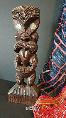 Old New Zealand Maori Carved Wooden Tiki with Paua Shell Eyes beautiful collect