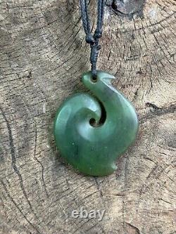 Old New Zealand Maori Green Stone Fishhook Pendant on Cord. Beautiful collection