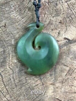 Old New Zealand Maori Green Stone Fishhook Pendant on Cord. Beautiful collection
