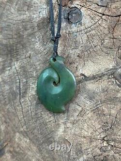 Old New Zealand Maori Green Stone Fishhook Pendant on Cord. Beautiful collection