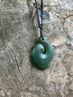 Old New Zealand Maori Green Stone Fishhook Pendant on Cord. Beautiful collection