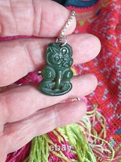 Old New Zealand Maori Green Stone Jade Tiki on Silver Chain a. Beautiful collect
