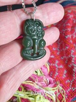 Old New Zealand Maori Green Stone Jade Tiki on Silver Chain a. Beautiful collect