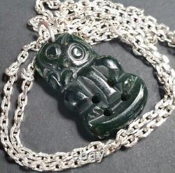Old New Zealand Maori Green Stone Jade Tiki on Silver Chain b. Beautiful collect