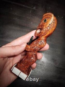 Old Tiki Maori Hand Carved Wooden New Zealand Pounamu Abalone Shell Green Stone
