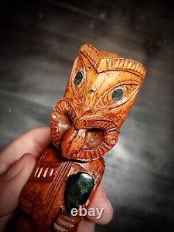 Old Tiki Maori Hand Carved Wooden New Zealand Pounamu Abalone Shell Green Stone
