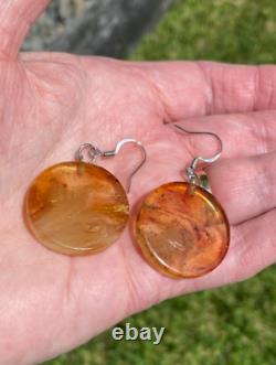 One Of Kind Ancient Nz Kauri Amber Kopal Kapia Maori Kopae Disk Hook Earrings