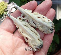 One Of Kind New Zealand Carved Stag Antler Sterling Maori Huia Feather Earrings
