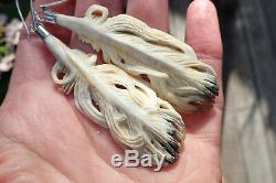 One Of Kind New Zealand Carved Stag Antler Sterling Maori Huia Feather Earrings