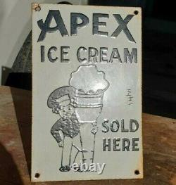 Original 1930's Old Vintage Very Rare Apex Ice Cream Porcelain Enamel Sign Board