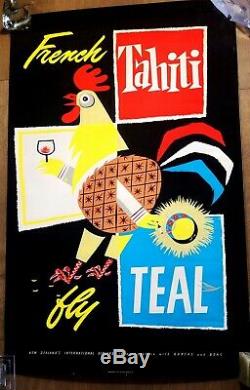 Original Silk Screen 1950's TEAL Airlines French Tahiti Travel Poster