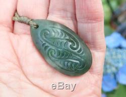 Perfect New Zealand Greenstone Kahurangi Jade Maori Pounamu Engraved Teardrop