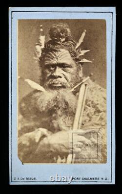 RARE Antique 1800s Photo Maori Chief New Zealand Photographer De Maus / Tattoos