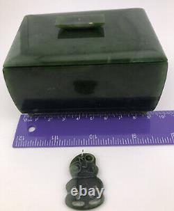 RARE NZ Jade Maori Greenstone Pounamu Nephrite Jewellery Box + Hei Tiki Pendant