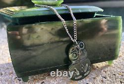 RARE NZ Jade Maori Greenstone Pounamu Nephrite Jewellery Box + Hei Tiki Pendant