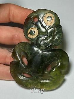 RARE New Zealand Maori Hei Tiki Carved Jade Stone Primitive Necklace Pendant