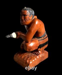 RARE OLD NEW ZEALAND CARVED KAURI WOOD MAORI WARRIOR FIGURE WithFULL MOKO TATTOO