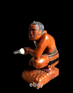 RARE OLD NEW ZEALAND CARVED KAURI WOOD MAORI WARRIOR FIGURE WithFULL MOKO TATTOO