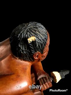 RARE OLD NEW ZEALAND CARVED KAURI WOOD MAORI WARRIOR FIGURE WithFULL MOKO TATTOO