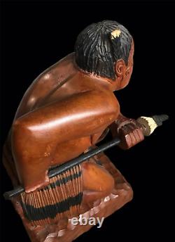 RARE OLD NEW ZEALAND CARVED KAURI WOOD MAORI WARRIOR FIGURE WithFULL MOKO TATTOO