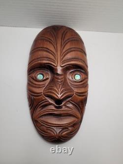 Rare Maori Mask Parata Hand Carved New Zealand Wood Shell Eyes