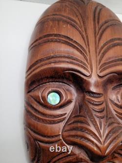 Rare Maori Mask Parata Hand Carved New Zealand Wood Shell Eyes