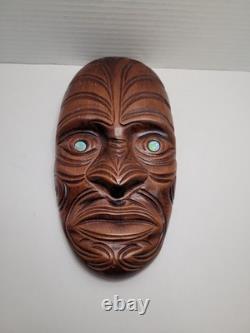 Rare Maori Mask Parata Hand Carved New Zealand Wood Shell Eyes