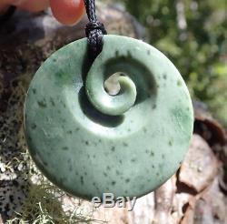 Rare New Zealand Greenstone Pounamu Nephrite Kokopu Jade Maori Koru Disk Pendant