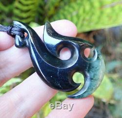 Rarest Nz Pounamu Greenstone Dark Flower Jade Maori Ornate Hei Matau Fish Hook