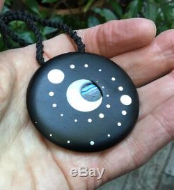 Recycled Ebony Inlaid Nz Paua Shell Pacific Pearl Koru Star Moon Disk Necklace