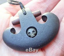 Rhys Hall Art Hand Carved Nz Greywacke Beach Pebble Tiny Skull Anchor Necklace
