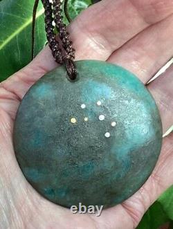 STUNNING LARGE NZ FUSCHITE AOTEA STONE 18k GOLD SILVER MAORI MARARIKI STAR DISK