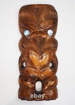 Signed Maori New Zealand Tiki Hand Carved Wooden Shell Mask Plaque Wall Hanging