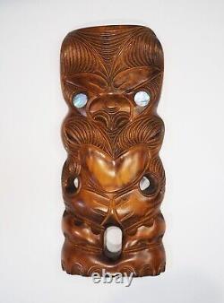 Signed Maori New Zealand Tiki Hand Carved Wooden Shell Mask Plaque Wall Hanging